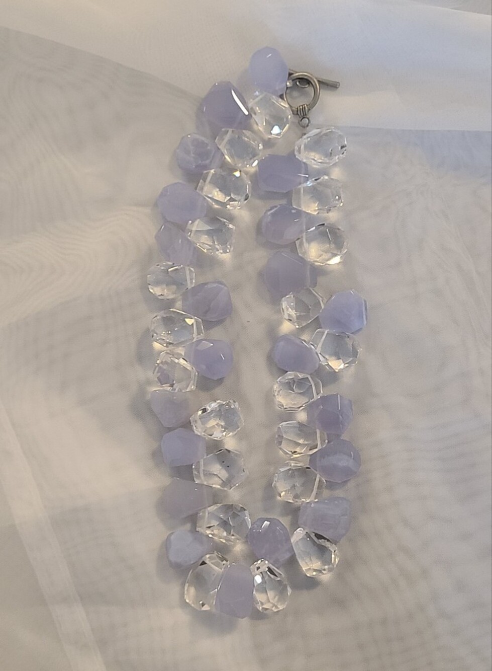 Chunky Faceted Blue Chalcedony & Clear Faceted Crystal Necklace, Choker 16"